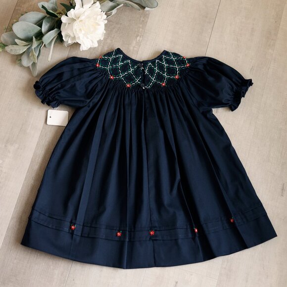 Navy Smocked Feltman Brothers Bishop Dress Red Green Embroidery NEW With Tag - Picture 4 of 5